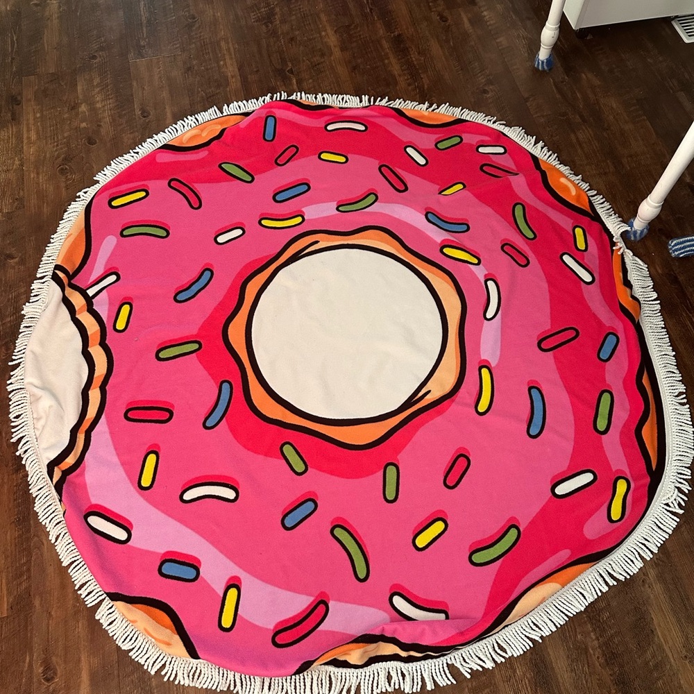 Pink Donut Round Beach Towel